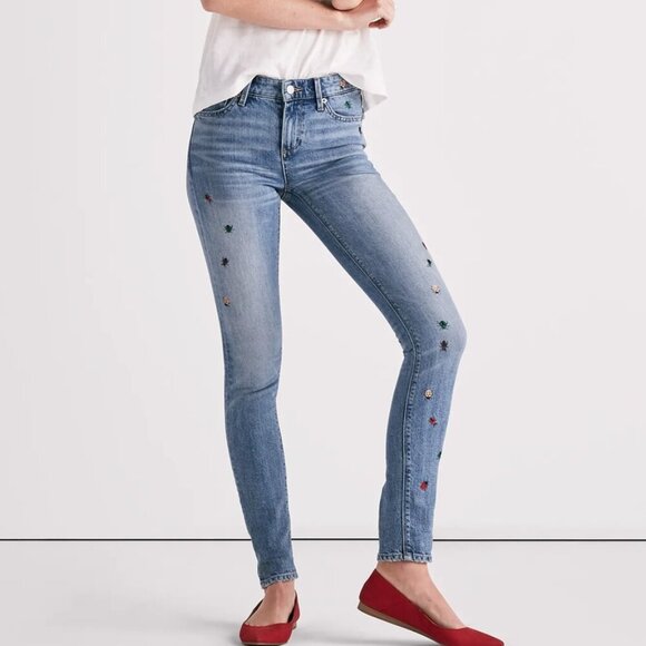 Lucky Brand Jeans Women's 4/27 Ava Mid Rise Skinny Ditsy Bug Embroidery - Picture 1 of 12